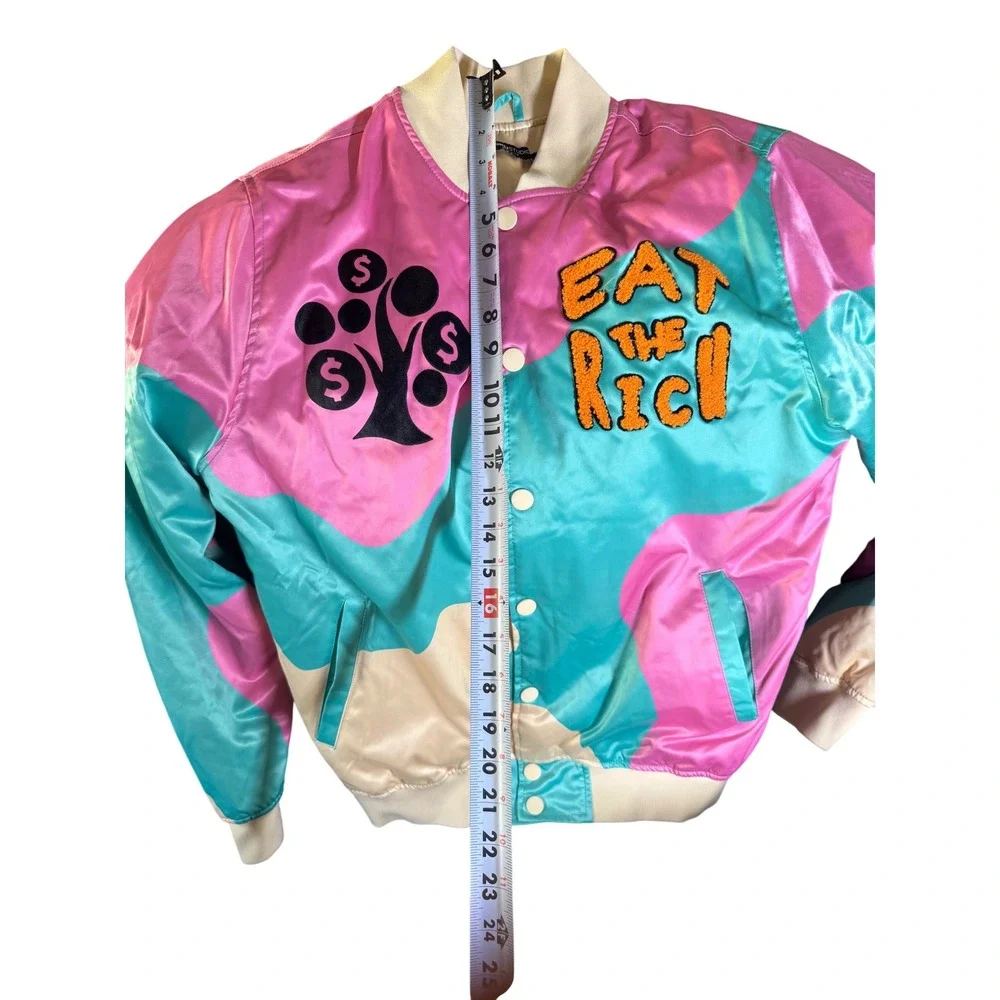 Roku Studio Eat The Rich Satin Varsity Jacket Pink Teal Colorblock Mens Medium